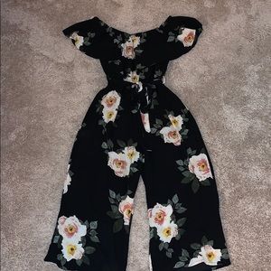 Across-Shoulder Black Floral Jumpsuit